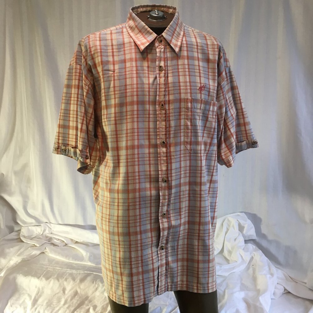 Exco Jeans Mens Vintage Orange Blue Plaid Button Down Shirt Short Sleeve Sz 2XL